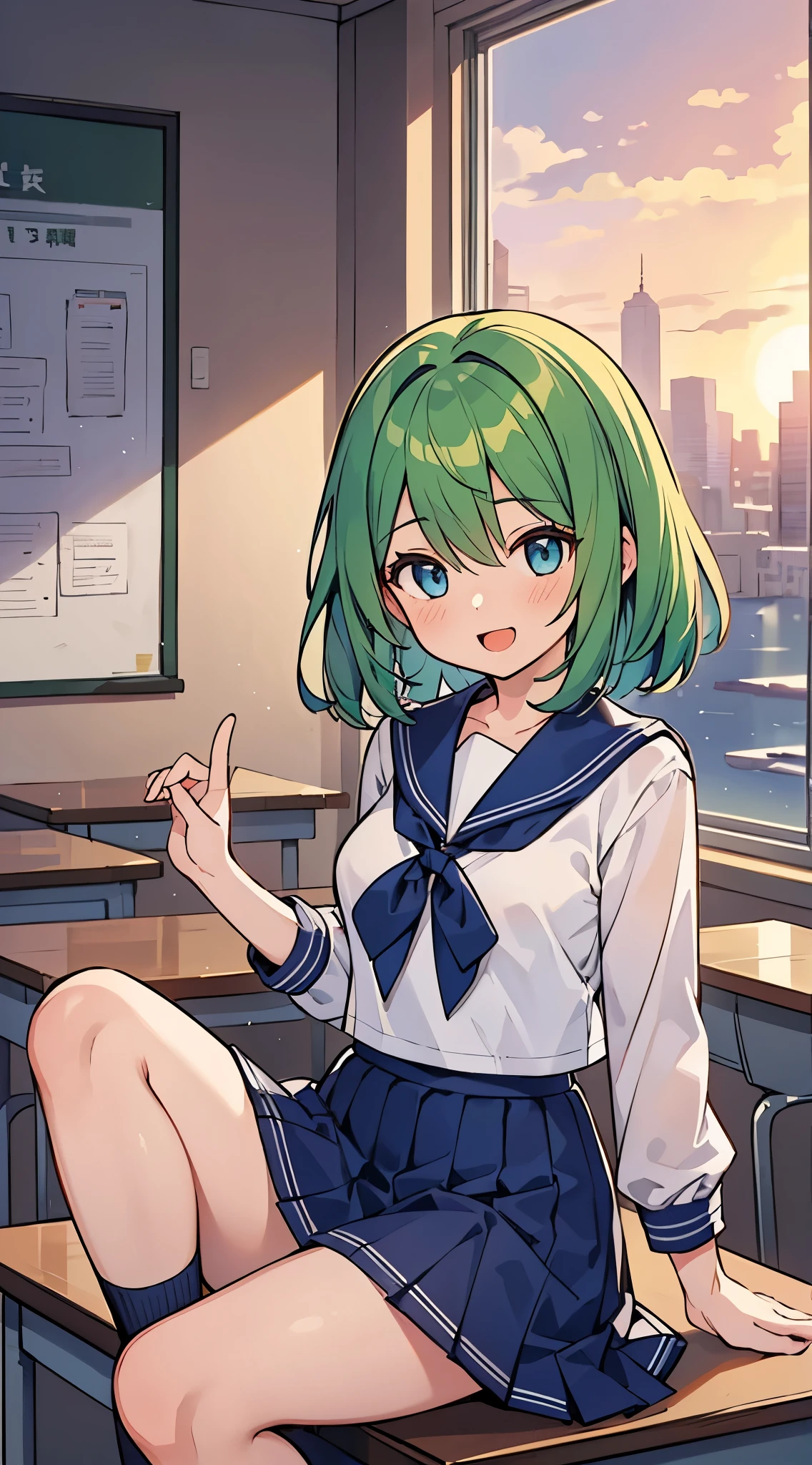 ((A pretty High School girl with green hair and blue eyes)), ((wearing a Sailor suit and a navy skirt)), baby face, ((master piece, top-quality, ultra-definition, high resolution)), anime girl, ((ultra-detailed illust:1.2)), only one person, bangs, hair between eye, beautiful hair, Beautiful eyes, shiny eyes, highlight in the eyes, ((detailed eyes:1.2)), medium breasts, sitting, thighs, Big smile, blushing, opened mouth, in the classroom, at dusk, sunset