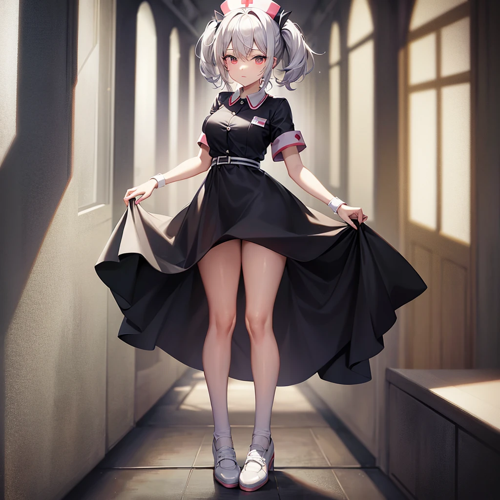 ((nurse)),((White shoes)),Top quality,(Dark Room), Subtle Light, Natural light,Soft lighting,Light from directly behind,(Are standing),Front view,Black background