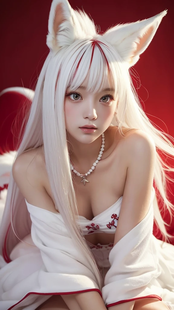 masterpiece, highest quality ,Full body photo、 Awareness-raising,1 perfect portrait of a girl, A fascinating eye for perfect detail, Colorful Hair, (red+White and soft hair:1.6), (White Fox Ears:1.3), Fantasy red background, {Sexy exposed bare shoulders} ,{Long-term alienation_sleeve}, {Lean forward slightly}, If you look up, hair ornaments, {shy },Please keep your mouth shut, Tilt your head, Cinema Lighting, Larger clothes, ((Seductive pose)),