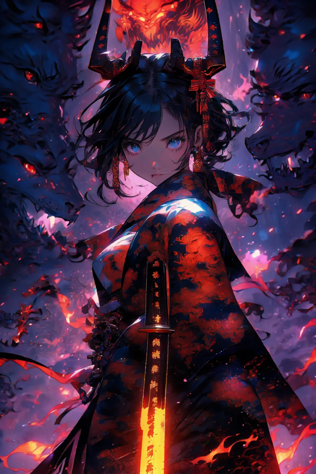 1girl,solo,cool,kimono,japanese style,samurai girl,holding katana,looking at viewer,fighting pose,demon