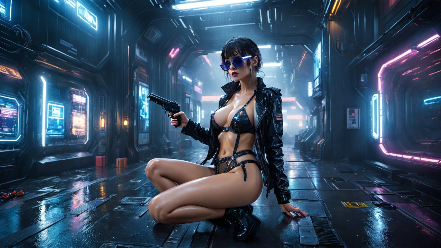 (((aerial view))), Blade Runner style futuristic space station platform, neon lights, rainy night. (1girl, solo, alone), large-breast:1.2 slim body, cleavage:1.1, sexy laced lingerie with wet jacket, (black sunglasses), (((she raised a pistol:1.8 and shot the viewer))), dynamic pose, (((half-body thigh level medium shot))), cinematic lighting, lens flare, ray tracing.