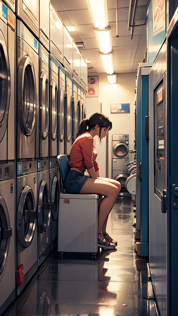 Background: A woman in her 20s waiting while sitting in a chair at a laundromat in the middle of the night
