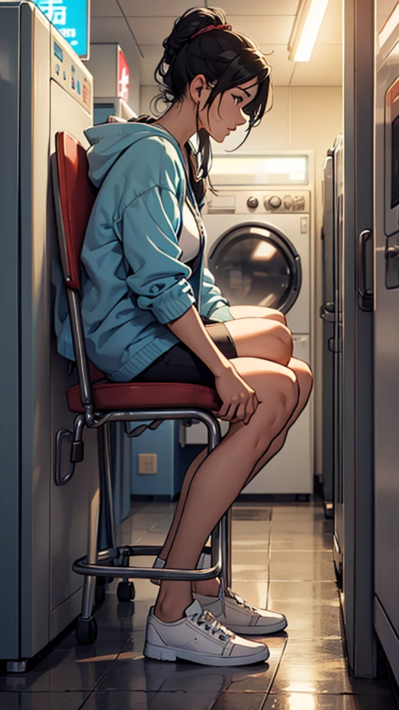Background: A woman in her 20s waiting while sitting in a chair at a laundromat in the middle of the night