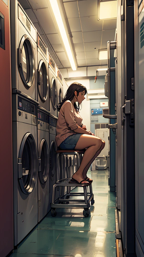 Background: A woman in her 20s waiting while sitting in a chair at a laundromat in the middle of the night