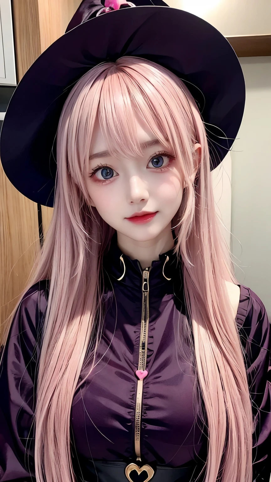 Yuno Gasai from anime "Diary of the Future", Dressed as a witch, Darling, beautiful, Sexy, depraved, anime, pink hair, eyes hearts, blush on cheeks