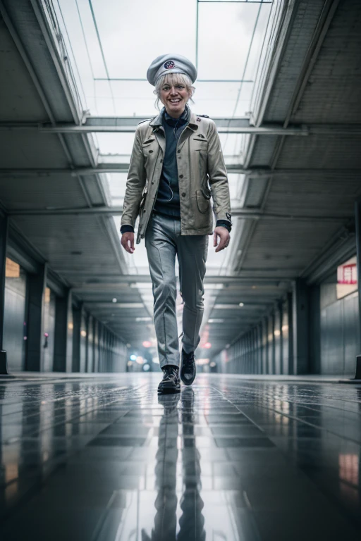 man walking in front of an old metro station, white hair, beret, raised eyebrows, mouse ears, grin, silver hair, Futurism, reflection light, chromatic aberration abuse, anatomically correct, high details, best quality