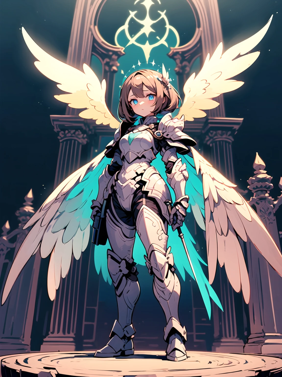 (((masterpiece))) (((highest quality))) (((8k resolution))) Queen in power armor, (gothic style), (full body shot 1.2), bellybutton, The most beautiful and sexy angel goddess, with long light brown hair, and glowing blue eyes, wearing intricate white gothic battle armor, angel wings, standing majestically in front of a gothic castle. ((perfect illumination)), a radiant glowing aura surrounds her, highlighting her divine presence and ethereal beauty, as she stands ready to defend her realm. The intricate details of her armor shimmer under the moonlight, and her angelic wings spread wide, casting an awe-inspiring shadow. Her glowing blue eyes exude both kindness and immense power, making her the epitome of grace and strength.