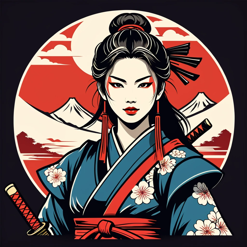 female	samurai	in japanese folk outfit	,vector graphics, strong contours, logo design																						
