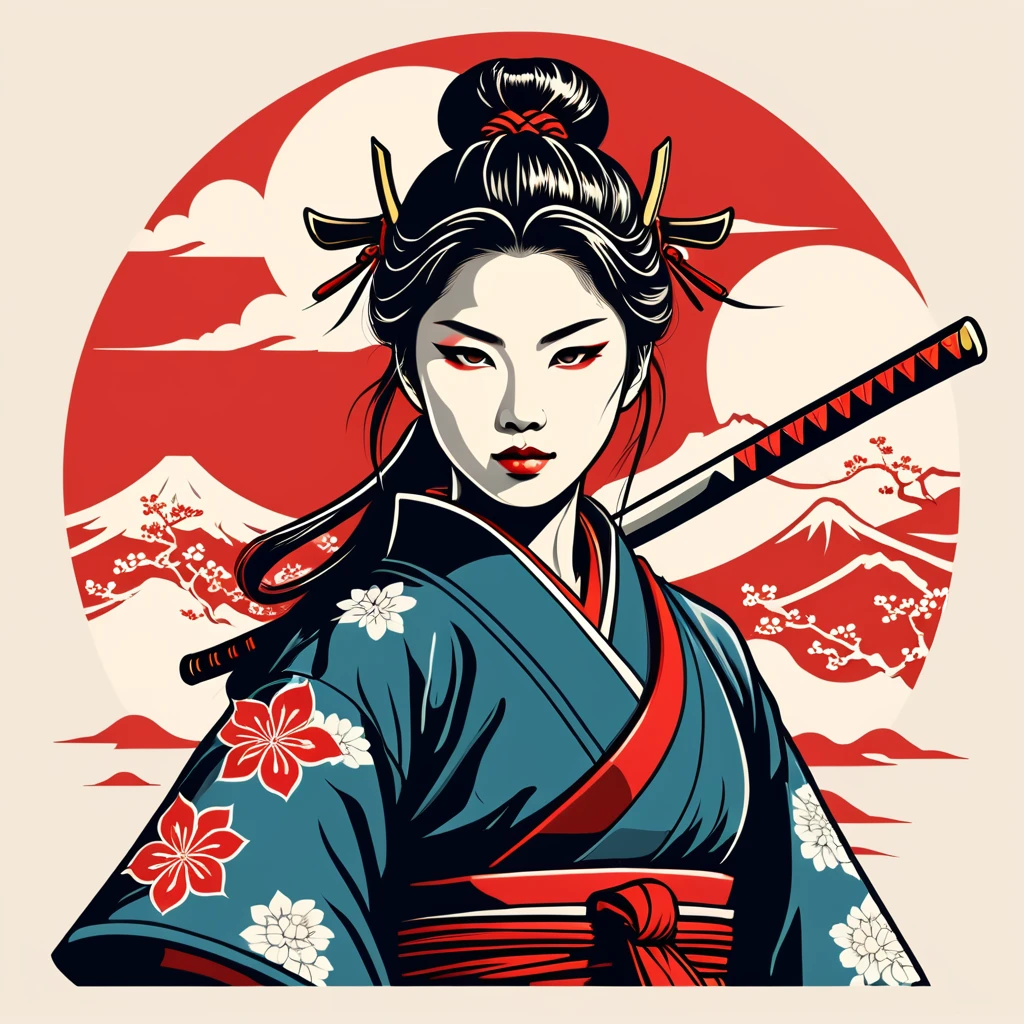female samurai in japanese folk outfit ,vector graphics, strong contours, logo design