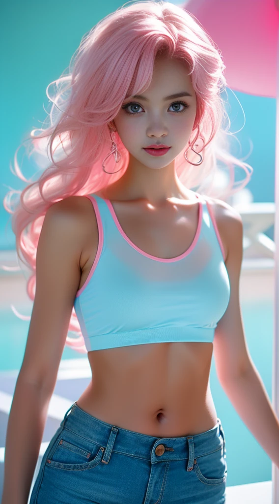Light blue and pink color scheme,1 sexy girl ,Slender body,white curly hair, Bright colored camisole