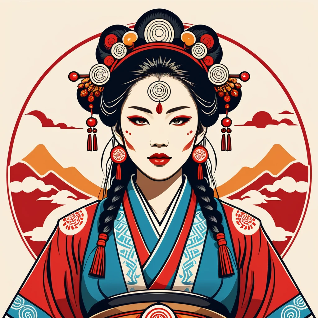 female	shaman	in japanese folk outfit	,vector graphics, strong contours, logo design																						