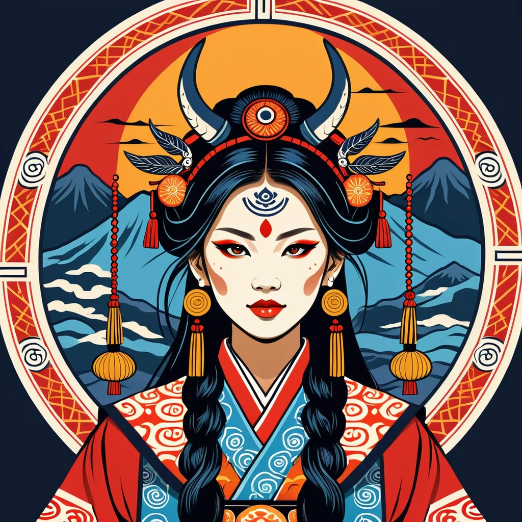 female shaman in japanese folk outfit ,vector graphics, strong contours, logo design