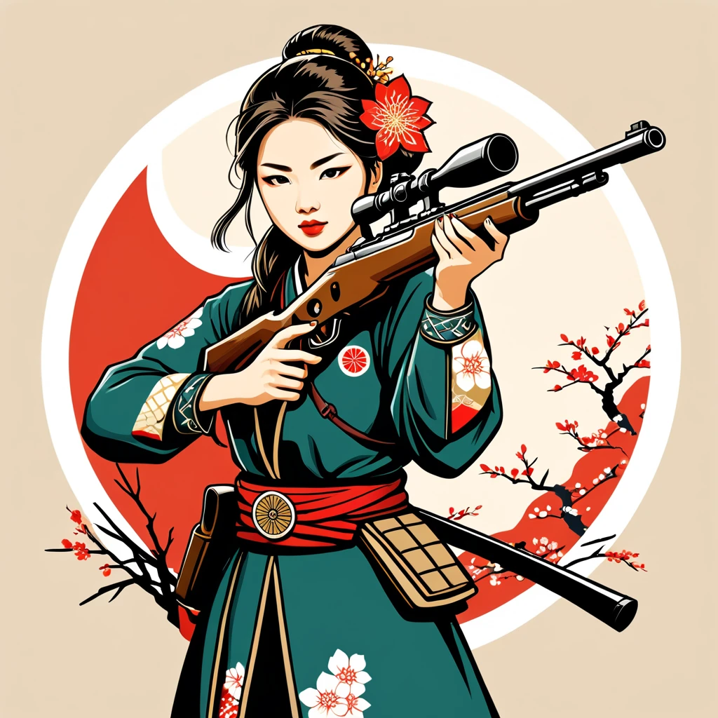 female sniper in japanese folk outfit ,vector graphics, strong contours, logo design