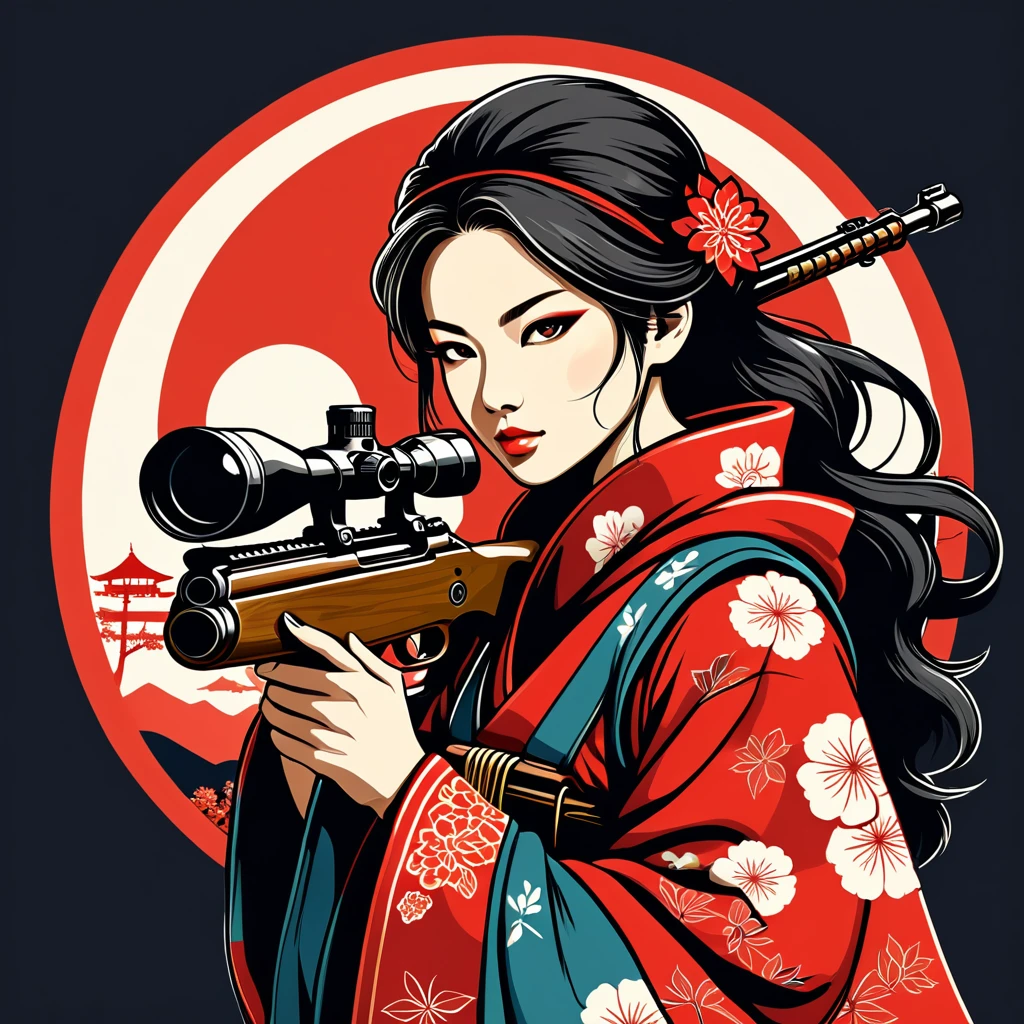 female sniper in japanese folk outfit ,vector graphics, strong contours, logo design