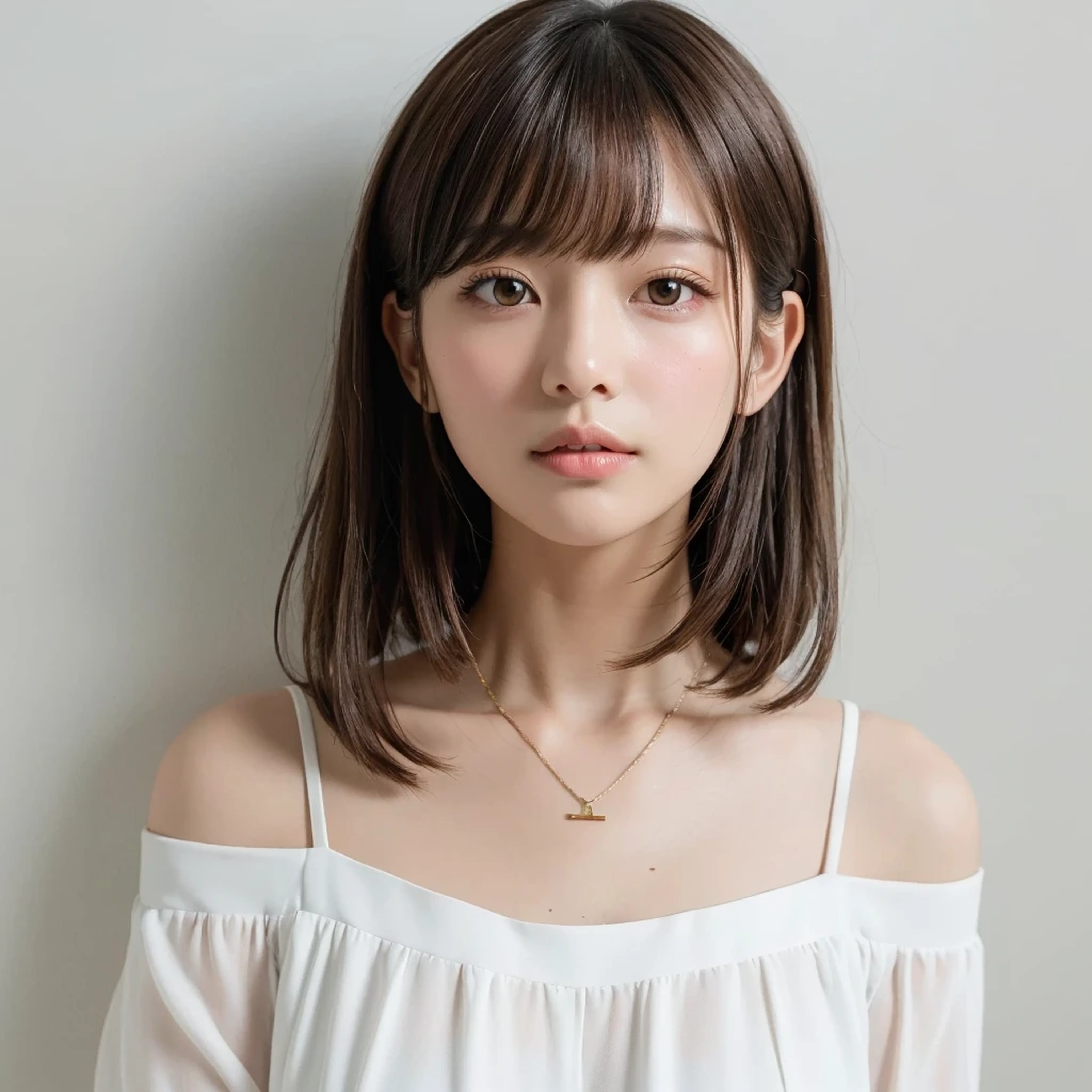 Close-up of a brown-haired woman in a white shirt, Layered Cut、Above the chest - long hair, Medium length hair, Curtain bang, Medium Hair, with short hair, Princess Cut, Shoulder-length hair, White princess cut hairstyle, Korean symmetrical face, short～Medium Hair, Shoulder - Length, Neat hairstyle with bangs、White wall、In front of the white door、((A room with a white wall and a window))、Mr...々stop temporarily、Simple Necklace、Don&#39;Don&#39;Don&#39;Don&#39;t look at the camera