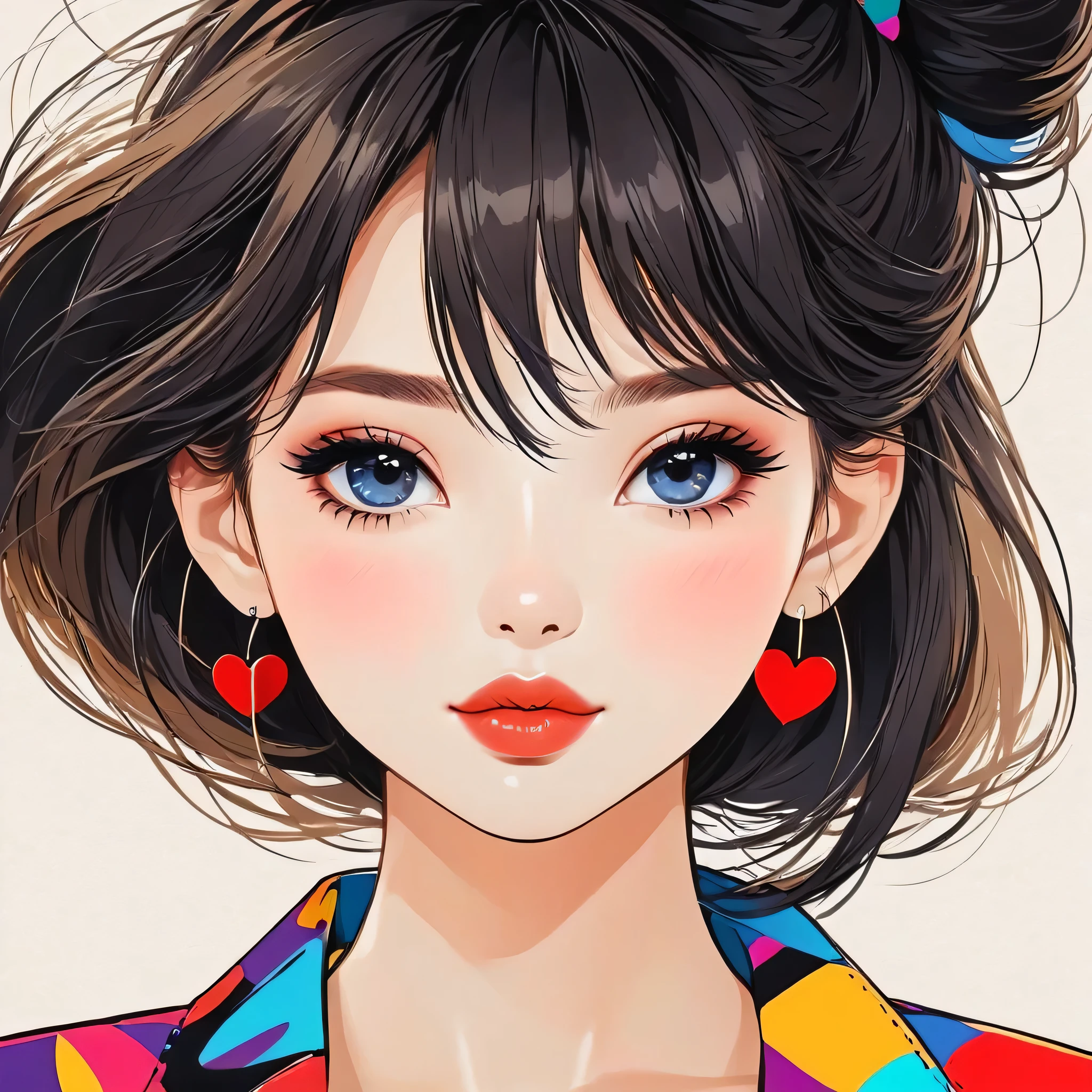Mika Pikazo colorful style, Simple Line Initialism，Abstract art，Urban Background, (((The most beautiful girl of all time))), Sweet face. Lips in love, colorful hearts, stylish design, black eyes