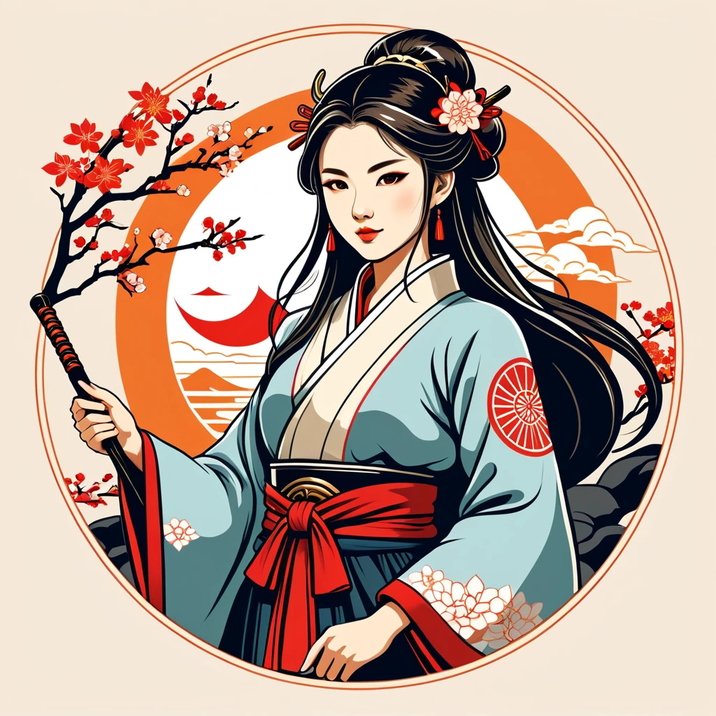 female	summoner	in japanese folk outfit	,vector graphics, strong contours, logo design																						