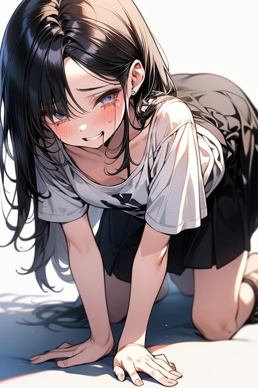 1girl(li),looking at viewer,white background,hair between eyes,bare shoulders,half closed eyes,((light smile)),((cum in mouth)),(masterpiece),sitting,Girl sitting, best quality,blush,tears16k,tucking hair, ,tucking hair, long hair,black hair,black eyes ,twintail ,tucking hair, :o,tucking hair,v