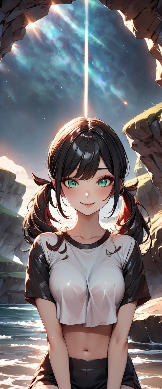 Photo of a girl with natural skin, ((Baby Face)), smile, Round face, A girl wearing mainly black and red, Upper Body, Seaside cave, The light is shining in, High Twintails, Black hair with red mesh, Sharp eyes with red eyeshadow, Blue-green eyes, Shining eyes, A thin, upturned nose, Well-shaped lips, ((crop top overhang, Short sleeve, Black clothes, Thighs, Glamour body)), Makeup, Exquisitely crafted with the utmost attention to detail, Vibrant, amazing, Smooth, Cinematic, 4K, Backlight, (()), Shallow depth of field, ((Detailed eyes:1.3, Detailed lips:1.3, high quality, )), masterpiece, Super detailed images, High quality
