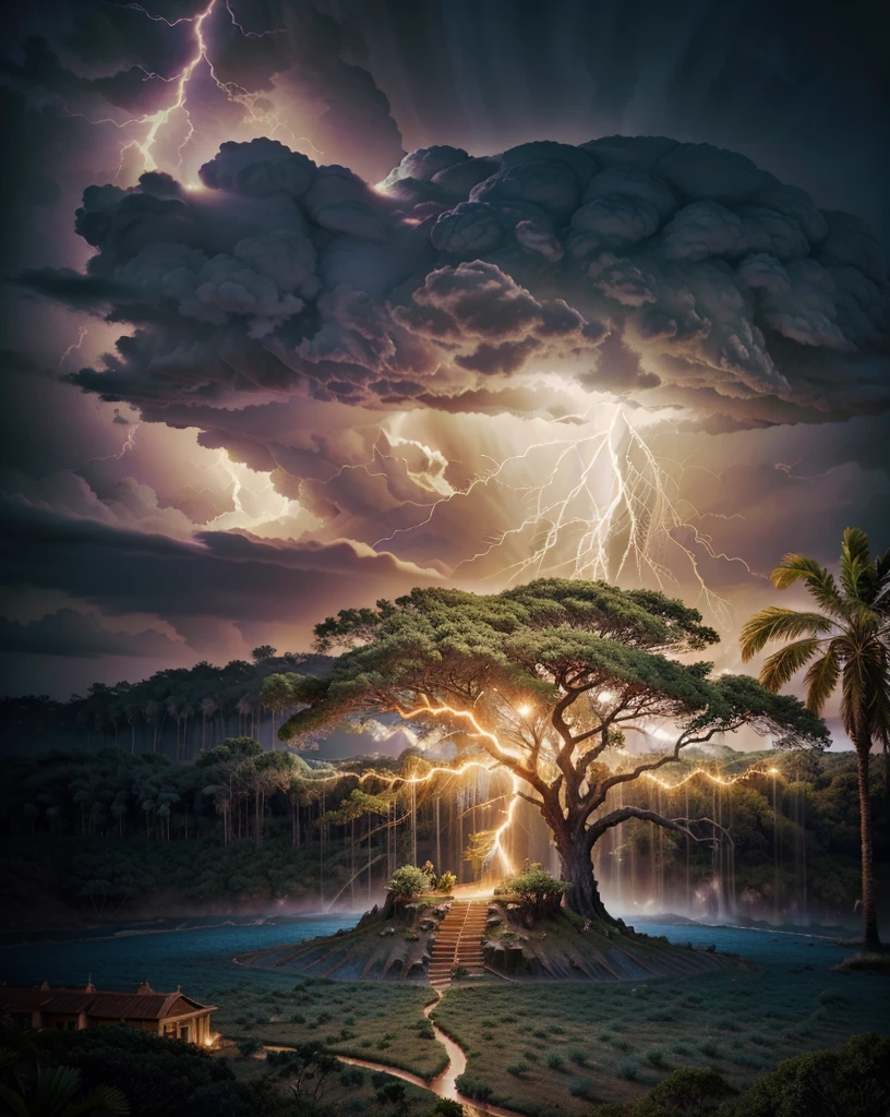 Surrealism, surrealistic, futurist, Surrealism Realm, Surrealism do Céuo, Heavenly Tree, big tree, paisaje, panorama, Heaven heaven, naturals, palmtrees, Cedars, forst, Rivers of water, Thunder Light, Detailed realistic FullHD photorealism, majestic, appealing, fire, villany,  thunder, Sky thunder, stele, photorrealistic 6K, Detailed UltraHD, detailed colors 8k, Elegant beauty, floor, stele, lightning strikes, heavens, céu Godlike, tempest, Towards the heavens, heavenly, Godlike, photorrealistic, Rendering, 4K, 8k, detailed textures, detailed shadows, padoru, detailed colors, God&#39;s Heaven, UltraHD 16K Details, Texturas photorrealistics de 16K, detailed sharpness 16K, detailed sharpness, detailed colors, realistic shadows, ultra realistic textures, high power, natural beautifuls, natural colors, realistic contrast, Texturas photorrealistics, detailed colors, lifelike colors, detailed shadows, Textuta photorrealistic FullHD, Sombras photorrealistics 8k, HD photorrealistic, Detalhes ultra-realistas de 8k, Cor photorrealistic 4K, FullHD Detailed Lights, Texturas Detalhadas photorrealistics 8k, Nitidez photorrealistic, villany, detailed 4k, ultra detaild, realistic contrast de 8k, detailed sharpness, cores Ultra HD, chic, Divine Light, Surrealism Realm, Surrealism God's Light, Surrealism Sky Path, Thunders, The End of Time, Final of World, God's Power,