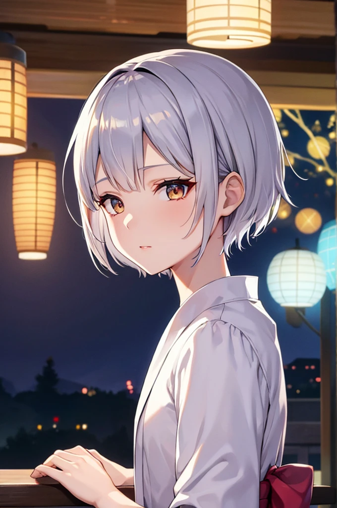 Silver Hair　Short Hair　Handsome　youth　Golden Eyes　　firework　yukata　night