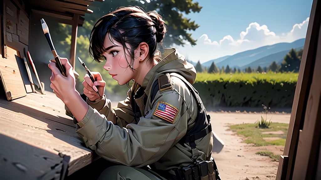 modern soldier is holding paintbrush, high resolution, max detail, 16k,