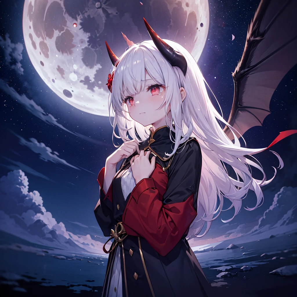 (((((devil、Place your hand on your chest、look up、View the Moon Close-up、Low - Angle Galaxy Background、Shine tears、Reflection of light))))) (((horn Fantasy Long Hair、Black and white、Swaying in the Wind Dull red eyes Bat Wings)))) (((Lonely、despair shout))) ((gloves)) (Distorted Space-Time Big full moon) Shine背景 Particles of light, Shineエッジ