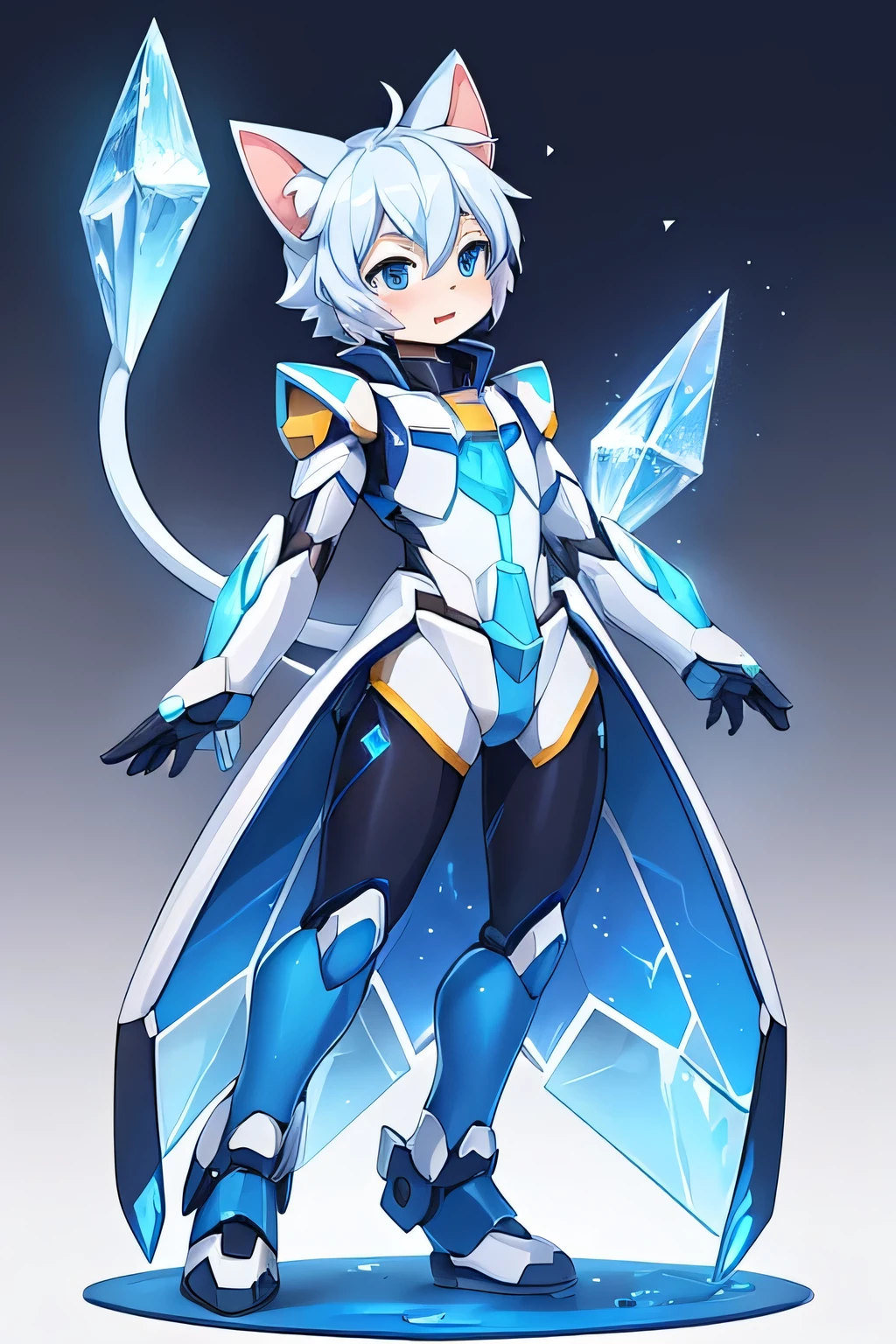 Little male cat,Boys,Has a tail,Lovely,Thin,struggle,eternal,crystal,Crystallization,Blue slime,Feet become crystal,Hand turns into mecha,Mecha feet,Mecha hands,illumination,freeze,freeze,Feet are frozen,charming,Boys ,Blue crystal feet,Wear tights,plastic,Full body portrait,Smooth,full-body tights,Thin,Mecha Style,Gundam,Mecha Suit,Blue and white mecha