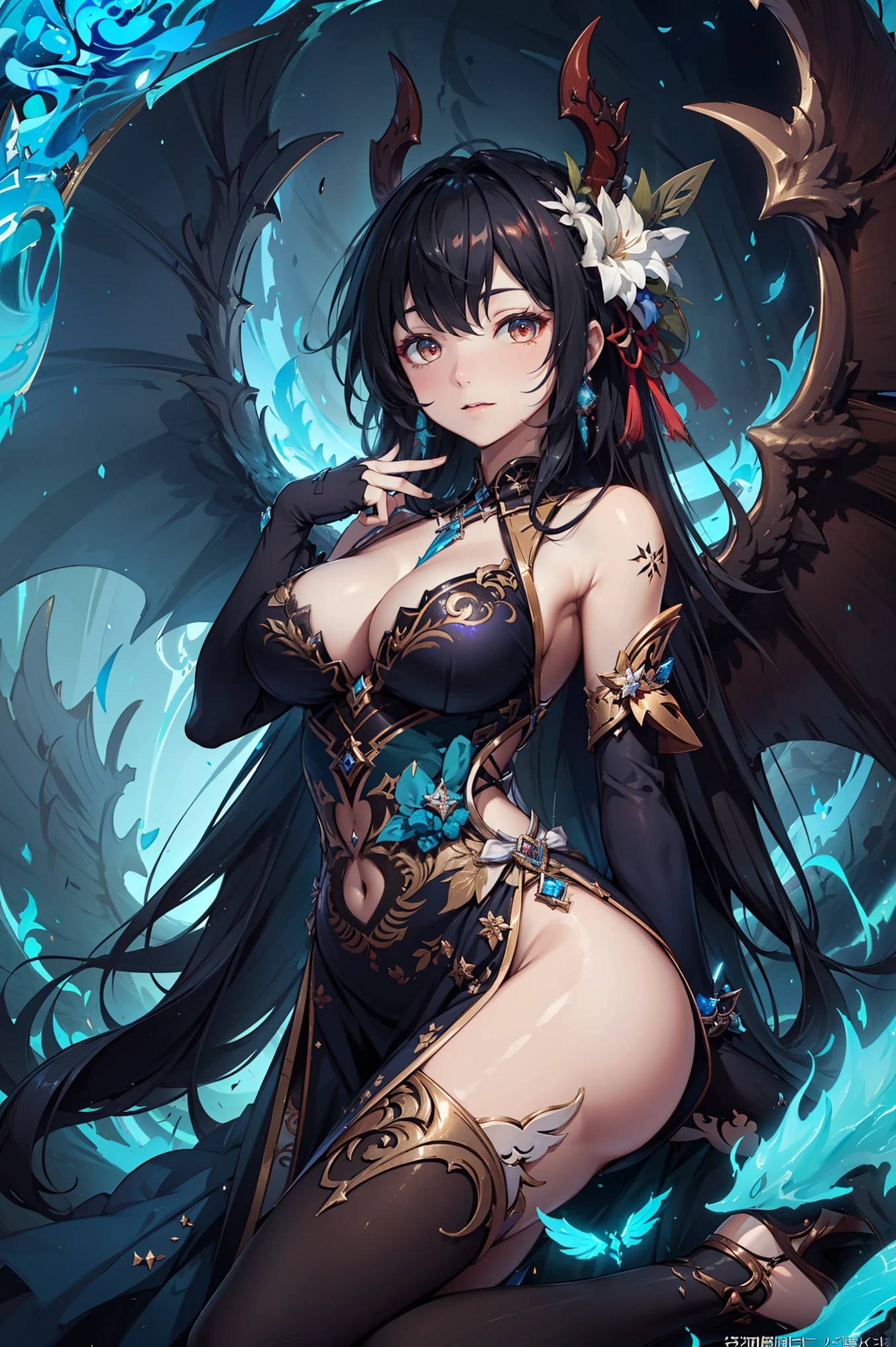 (best quality, high resolution, Textured Skin, high quality, High Detail,Extremely detailed CG unification)，，Lively，Obsessed，Dynamic Angle,whole body，Gorgeous princess dress，Dress nicely，Elegant and attractive posture，Devil Wings，Sexual suggestion，In the abyss，Genshin Impact Style