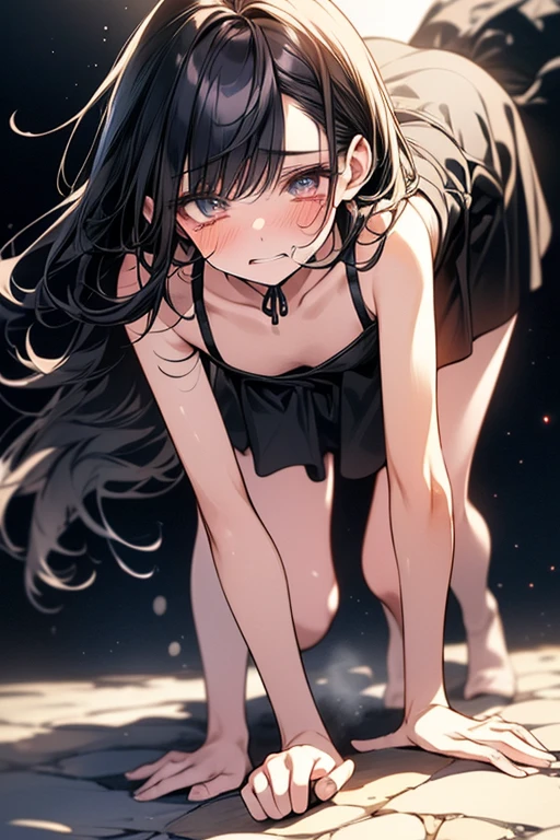 Anime girl with big ass riding on a pillar in the sky, hyperRealistic girl, a hyperRealistic girl, , Realistic girl, Anime girl crouching, 2b, 2b ..., Beautiful anime girl crouching, tits, thick, Lit from behind, [ 4k digital art ]!!, cute,Black Hair,10 years old,Are crying, Shiny wet skin!!, blush,Raise eyebrows,blunt bangs,Surprised expression,