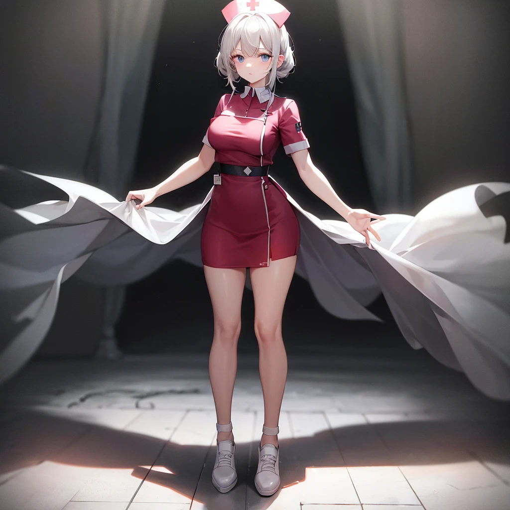 ((nurse)),((White shoes)),Top quality,(Dark Room), Subtle Light, Natural light,Soft lighting,Light from directly behind,(Are standing),Front view,Black background