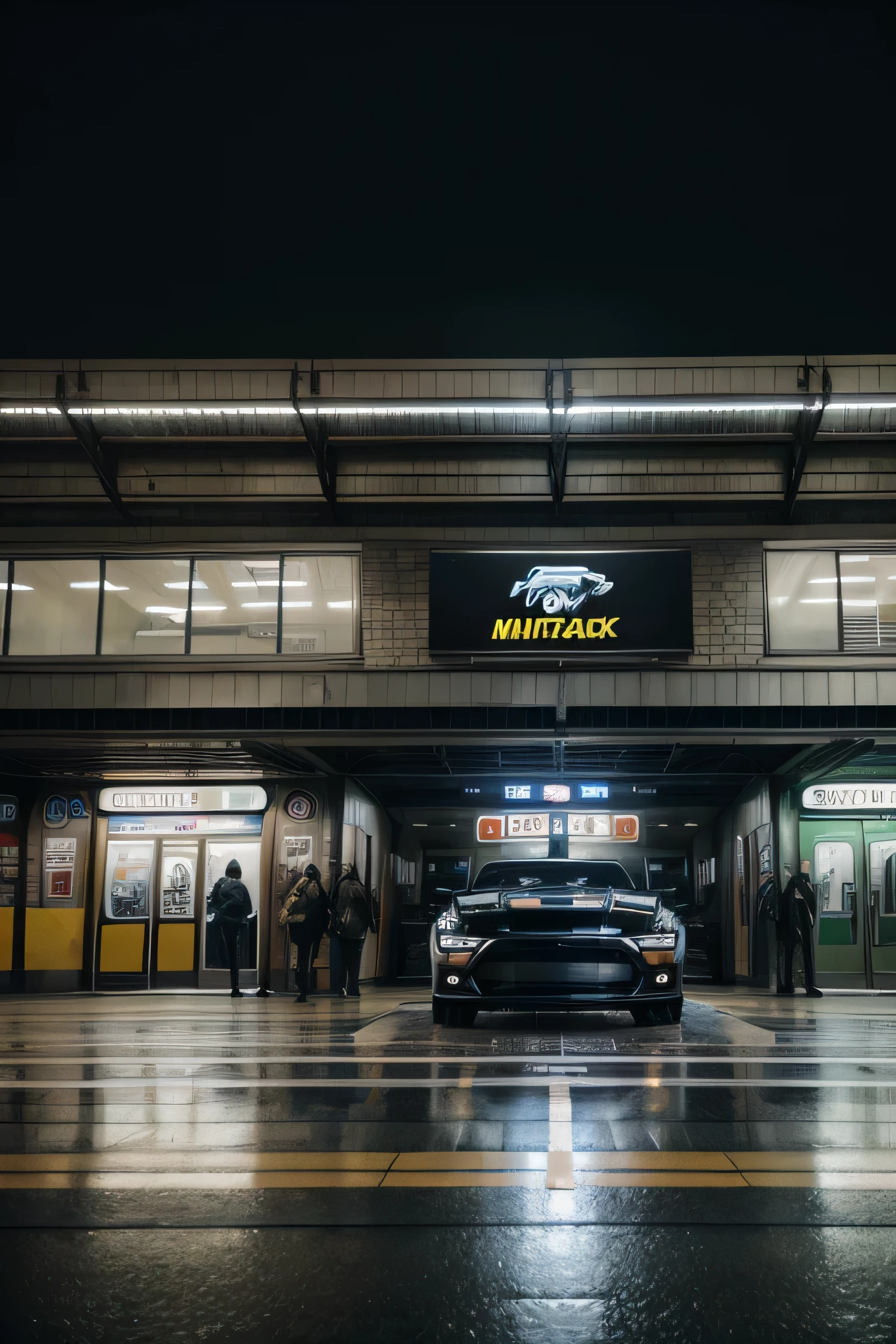 Black Ford Mustang Mack One in front of a modern subway station with few people, with light rain