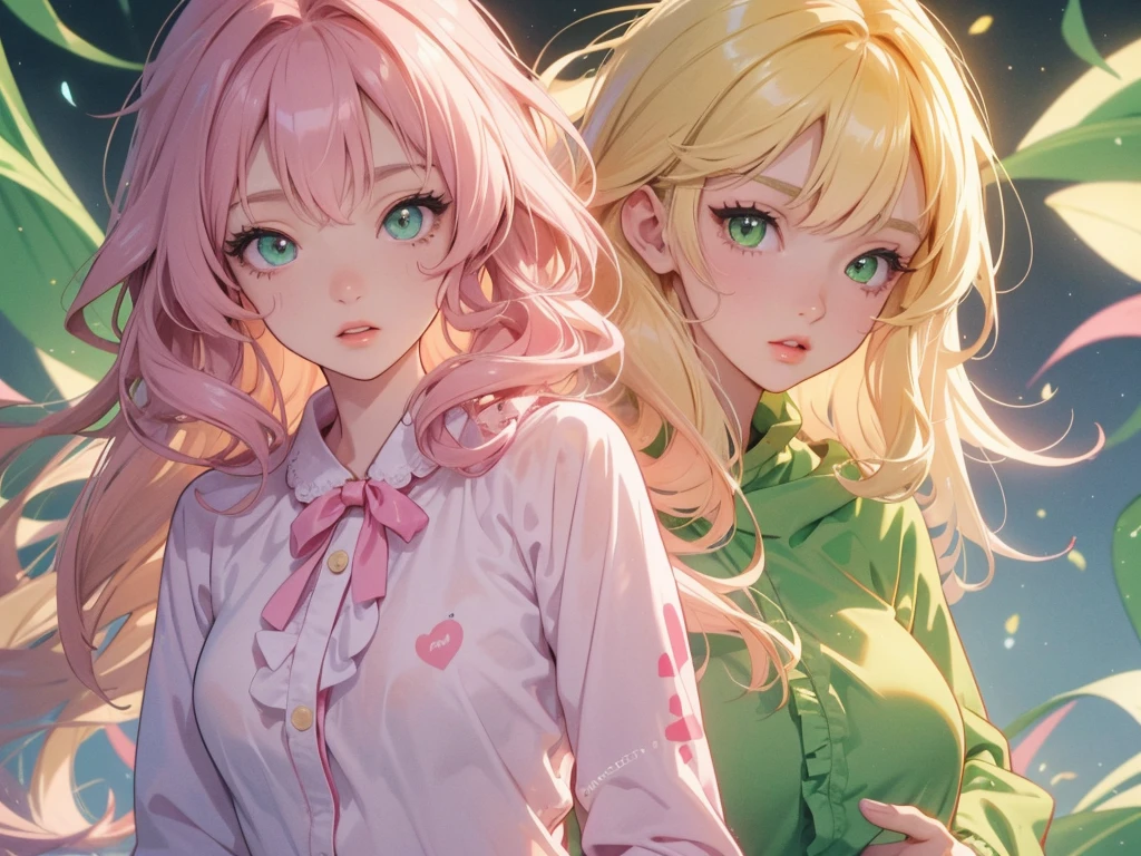 adult woman, Age 22; long hair, pretty and pink, curly hair; light yellow eyes, angelic and beautiful face with flushed cheeks, rosto ultra detaild; (( wearing cute green colored kigurumi pajamas )); best qualityer, ultra detaild, best resolution, 4K, soft strokes, role model, work of art, closes; dimly lit room in the background