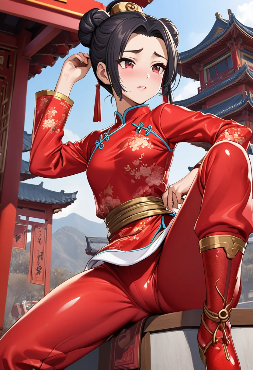 Beautiful 15 year old girl　Chunli　She is wearing a shiny red long-sleeved Chinese dress.　She is wearing red shiny Chinese pants that expose her genitals.　She has hair on her pussy　She is made to cry by the perverted old emperor&#39;s violent and rough cunnilingus.