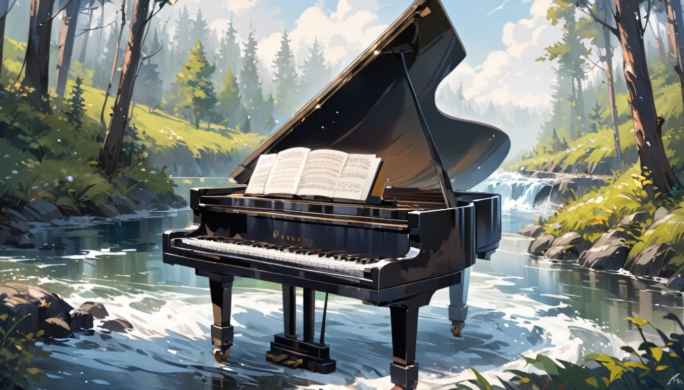 A piano in the middle of the woods near a river、Oil painting style