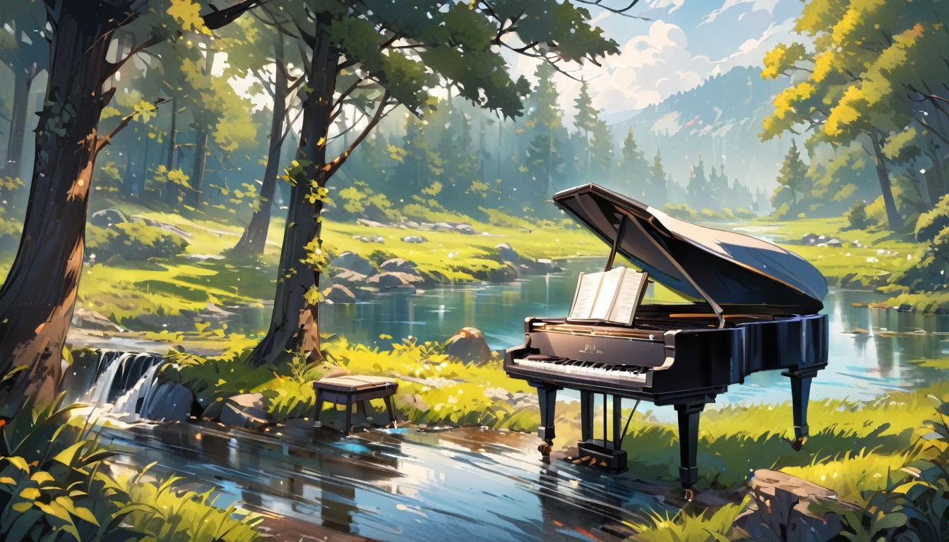 A piano in the middle of the woods near a river、Oil painting style