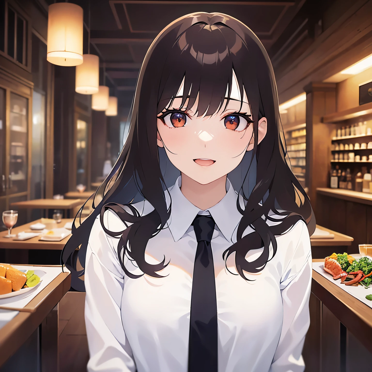 Upper Body, Realistic, real person, (pale skin: 1.2), RAW photo, photorealistic, shiny skin, shiny hair、(A 25-year-old woman with medium-length hair and bangs) and (wavy hair) and (brown hair) and (orange eyes) , white collared shirt 、(smile:1.2), open mouth, The background is the interior of a restaurant at night.、Alone、Are standing