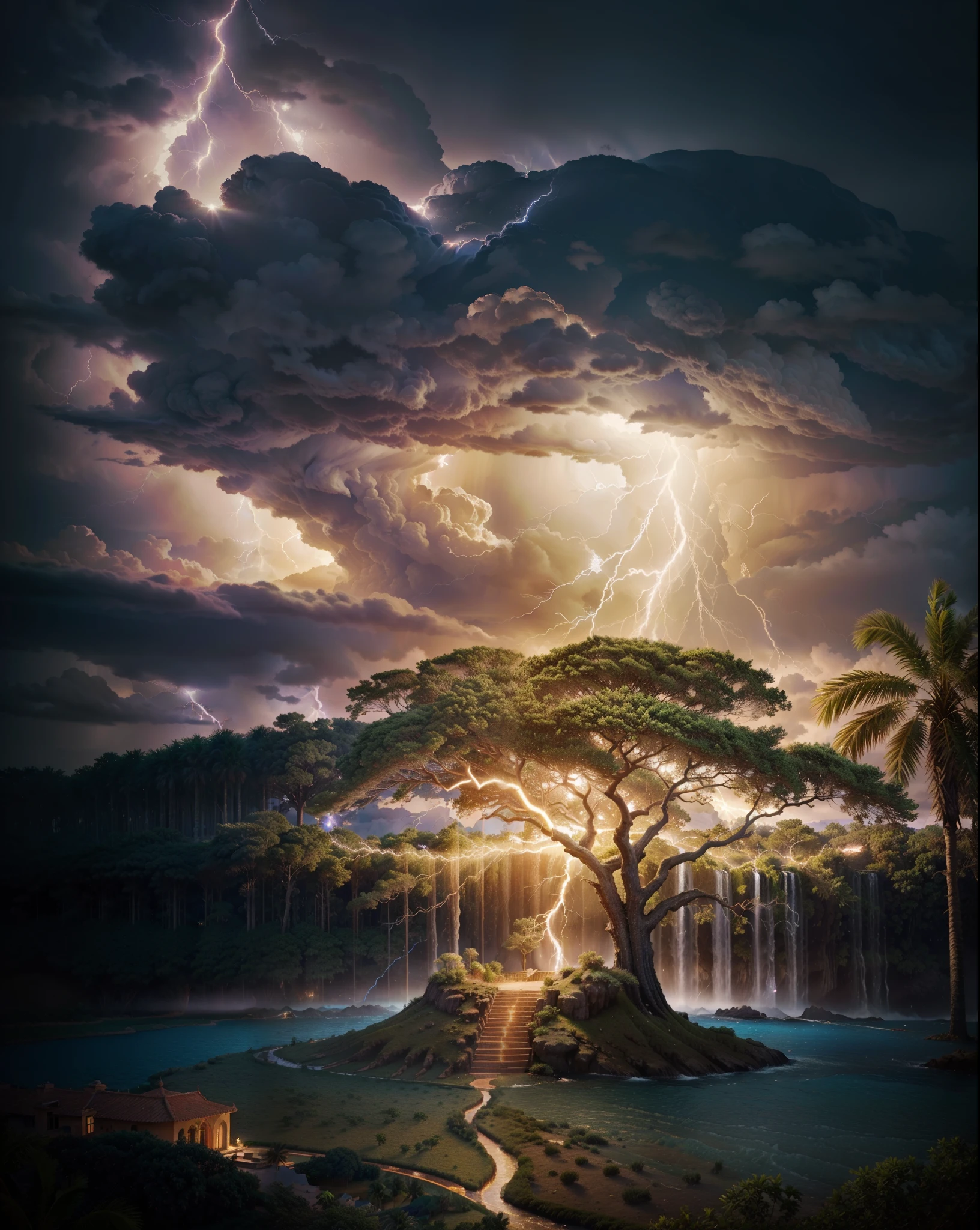 Surrealism, surrealistic, futurist, Surrealism Realm, Surrealism do Céuo, Heavenly Tree, big tree, paisaje, panorama, Heaven heaven, naturals, palmtrees, Cedars, forst, Rivers of water, Thunder Light, Detailed realistic FullHD photorealism, majestic, appealing, fire, villany, thunder, Sky thunder, stele, photorrealistic 6K, Detailed UltraHD, detailed colors 8k, Elegant beauty, floor, stele, lightning strikes, heavens, céu Godlike, tempest, Towards the heavens, heavenly, Godlike, photorrealistic, Rendering, 4K, 8k, detailed textures, detailed shadows, padoru, detailed colors, God's Heaven, UltraHD 16K Details, Texturas photorrealistics de 16K, detailed sharpness 16K, detailed sharpness, detailed colors, realistic shadows, ultra realistic textures, high power, natural beautifuls, natural colors, realistic contrast, Texturas photorrealistics, detailed colors, lifelike colors, detailed shadows, Textuta photorrealistic FullHD, Sombras photorrealistics 8k, HD photorrealistic, Detalhes ultra-realistas de 8k, Cor photorrealistic 4K, FullHD Detailed Lights, Texturas Detalhadas photorrealistics 8k, Nitidez photorrealistic, villany, detailed 4k, ultra detaild, realistic contrast de 8k, detailed sharpness, cores Ultra HD, chic, Divine Light, Surrealism Realm, Surrealism God's Light, Surrealism Sky Path, Thunders, The End of Time, Final of World, God's Power,
