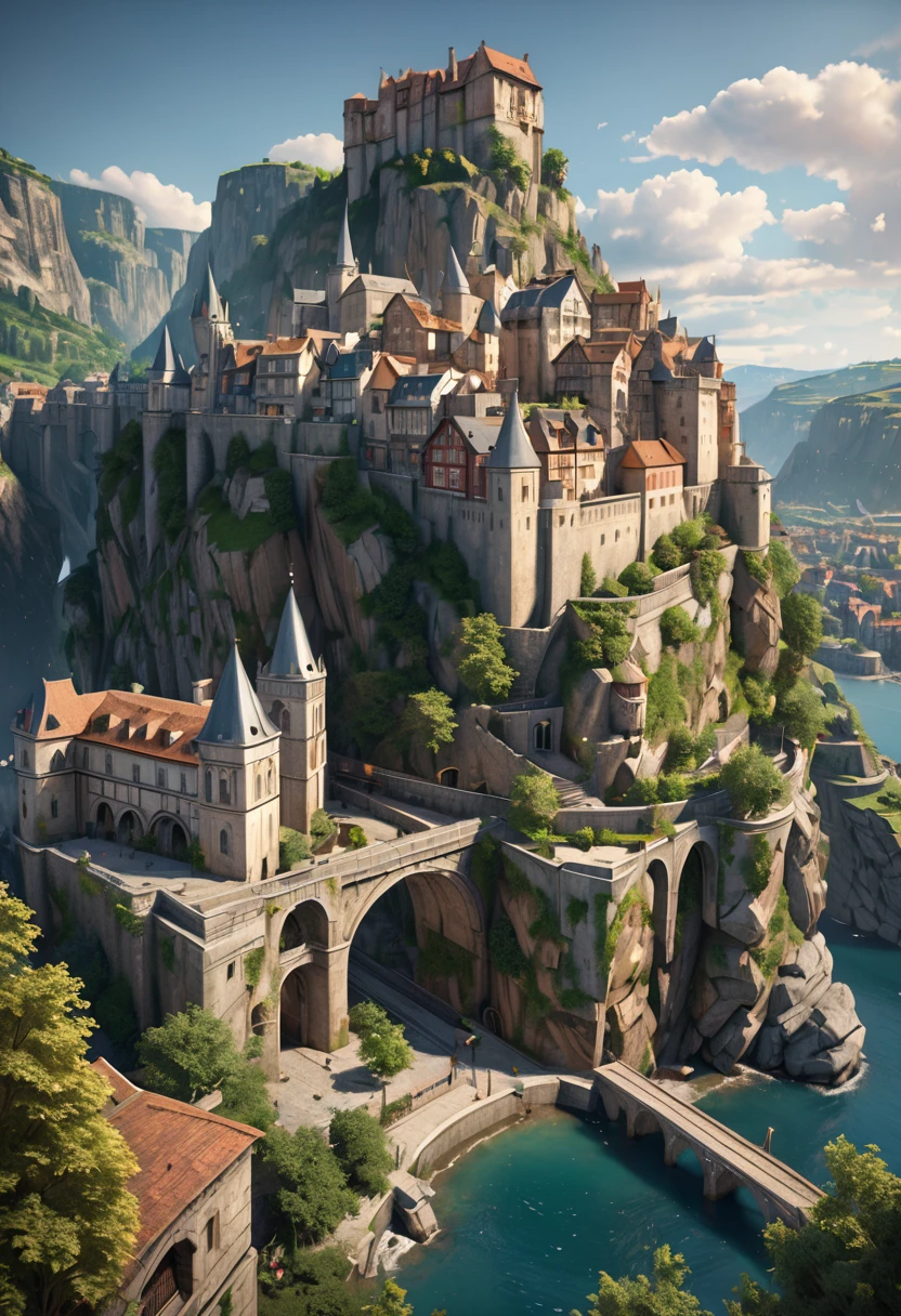 photorealistic,(masterpiece, best quality,ultra highres),hyper realistic,Beautiful detailed scenery,european Fantasy art, cities built on cliffs, houses carved out of walls, cities with depth,depth of field,portrait,role playing game artwork,magnificent view,hyper-detailed realistic style capturing the messy textures,octane rendering,3d rendering,