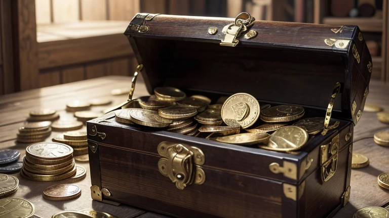 An open treasure chest with shiny coins sticking out, and a puzzled expression on a man's face, as if discovering a big secret.