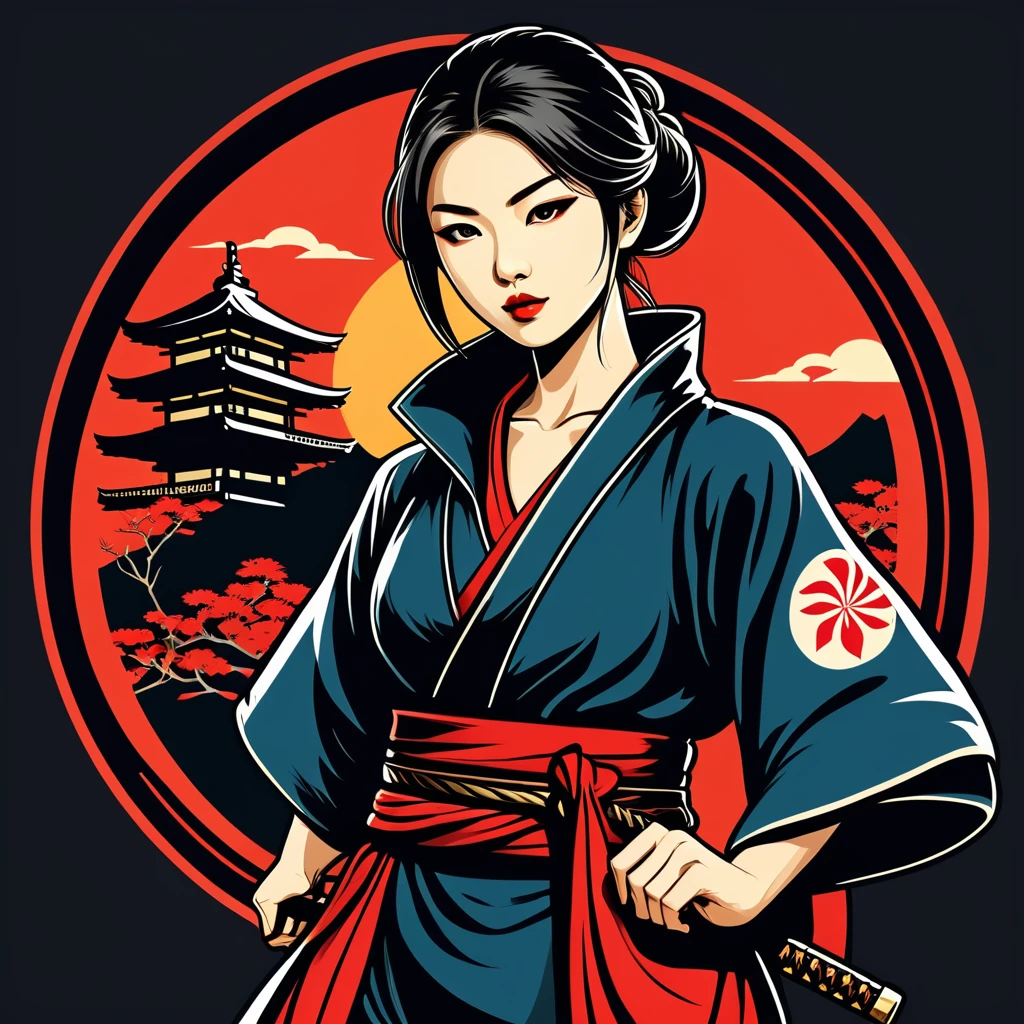 female thief in japanese folk outfit ,vector graphics, strong contours, logo design