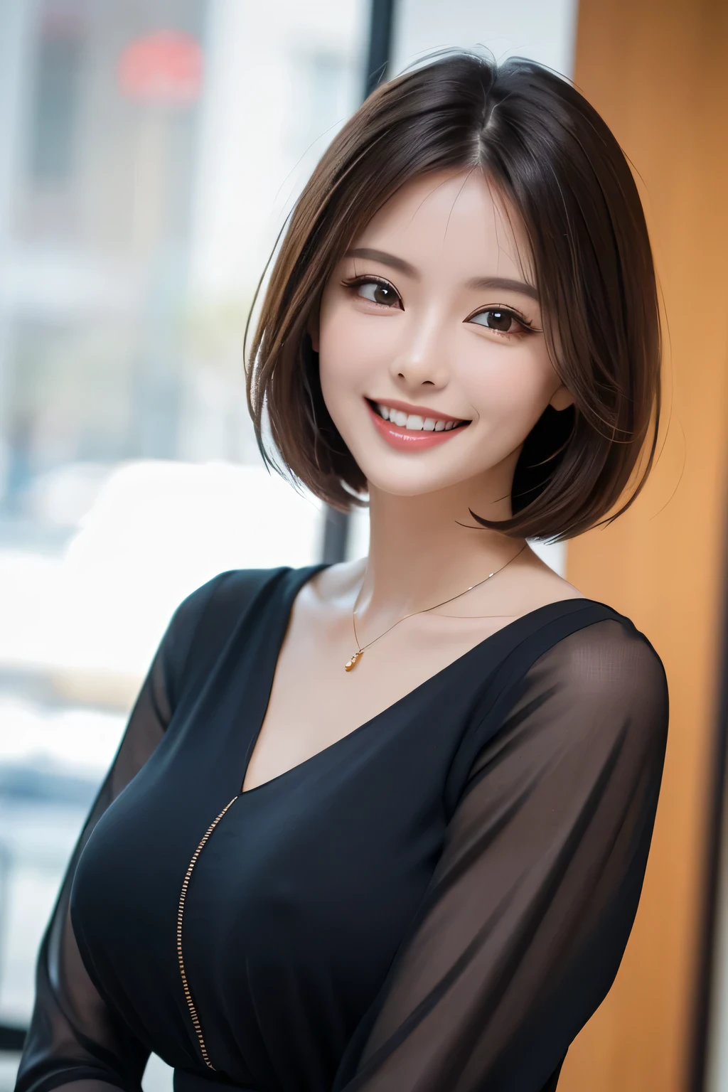 ((masterpiece)), ((Highest quality)), ((Complex)), ((Surreal)), (Realistic), ( Woman), ((There are no classes)), Very detailed, (1 female), Beautiful and exquisite, (Beautiful Teeth), Grin, Brunette bob hair, Brown eyes, ((blouse)), (Upper Body), (background:none), Perfect Eyes, Captivating eyes, Looking at the audience