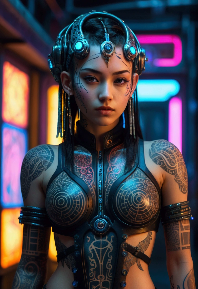 detailed cinematic photography of Beautiful young  cyberpunk techno priestess, tribal tattoos, a beautiful cyberpunk cell, standing proud, neon lit, image to represent madness abstract beauty, near perfection, pure form, intricate detail Outrageously stunning detailed photo realistic cinematic photography