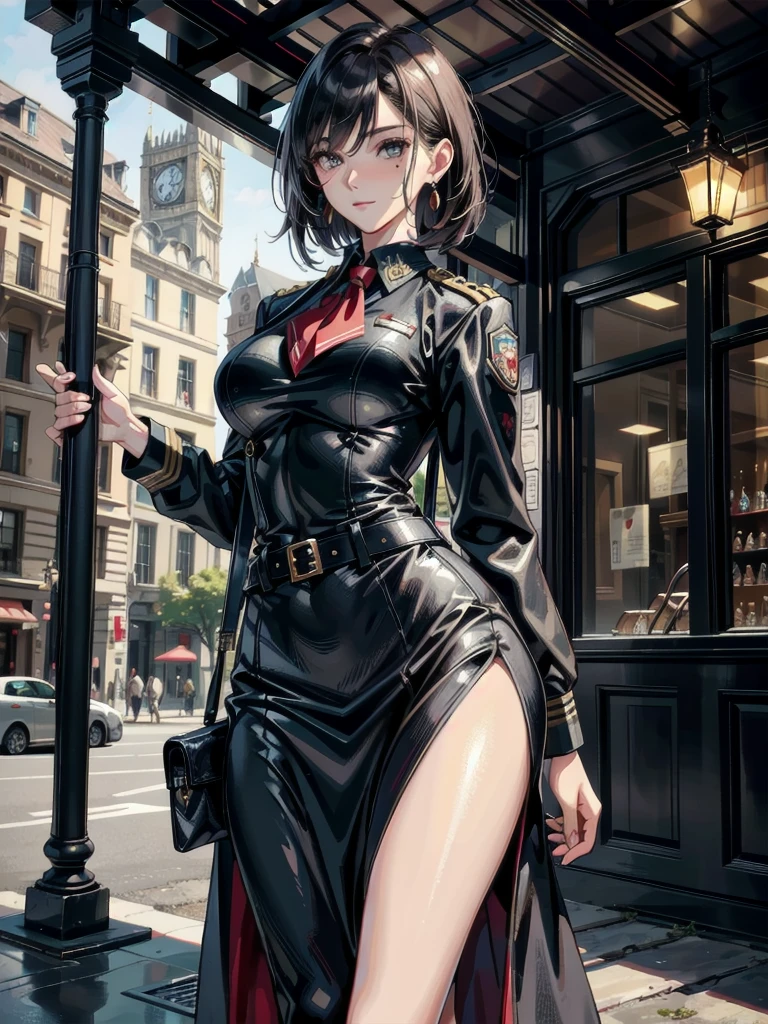 ((nsfw)),((gigantic breasts:1)),1girl, intricate detail, masterpiece, best quality, extremly detailed,cinematic lighting, beautiful detailed glow, finely detailed beautiful face and eyes, 8k, dark intense shadows, yellow eyes, medium hair, black hair, bangs, floating hair, black jacket, open jacket, white shirt, expressionless, yellow necktie, black skirt, spotlight, sunshine, sunrise, gradient sky, city, lens flare, cowboy shot, [[curvy]], [mature female]