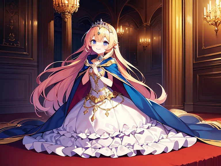 best quality,(long train cape:1.15),(long train ball gown with floral decoration:1.15), a girl is wearing a cape over her dress, anime style, rococo style, little princess, tiara, kind smile, very long hair, small breast, perfect fingers, masterpiece