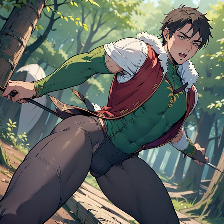 ((Naughty and sventurouss  Robin hood wearing lewd erotic clothes and tight tights showing his bulge line)),  ((bulge cock line inside tights)), gangbang, (robin hood inspired setting), NSFW, hentai, porn, ((inspired by Robin Hood: Men in Tights movie)), ((tights kink)), ((bouncing bulge)), ((erection inside his tights)), ((showcasing his thick thighs in tights)), ((friction inside his tights)), ((adventurous Robin hood running in forests from bandits)),
