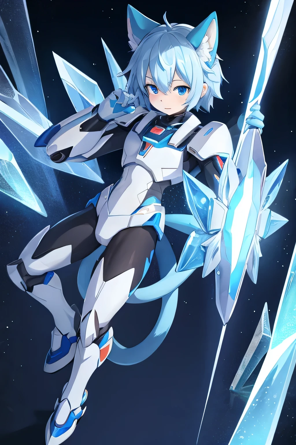 male cat,Boys,There is a dragon tail,Lovely,Thin,struggle,eternal,crystal,Crystallization,Blue slime,Feet become crystal,Hand turns into mecha,Mecha feet,Mecha hands,illumination,freeze,freeze,Feet are frozen,charming,Boys ,Blue crystal feet,Wear tights,plastic,Full body portrait,Smooth,full-body tights,Thin,Mecha Style,Gundam,Mecha Suit,Blue and white mecha