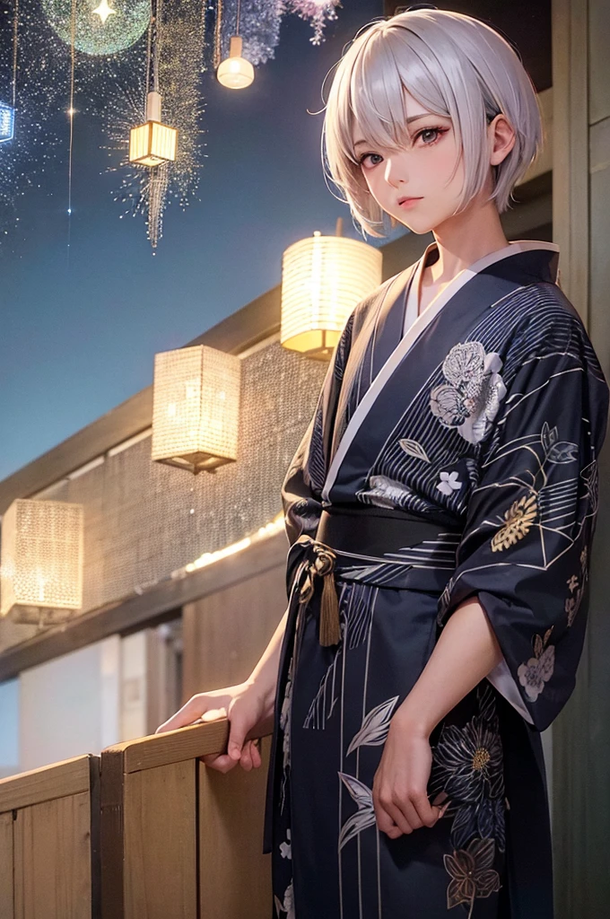 Silver Hair Short Hair Handsome youth Golden Eyes firework yukata night