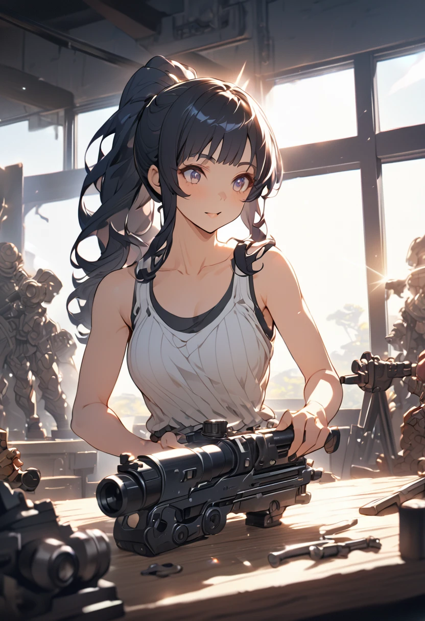 Cher, ponytail, Tank top, Waist clothes, cleaning a ポータル gun at a workbench, Bright morning sun shining through the window (zrpg style) (masterpiece:1.2) (figure:1.2) (Highest quality:1.2) (detailed) (Complex) (8k) (High resolution) (Cinema Lighting) (Sharp focus)