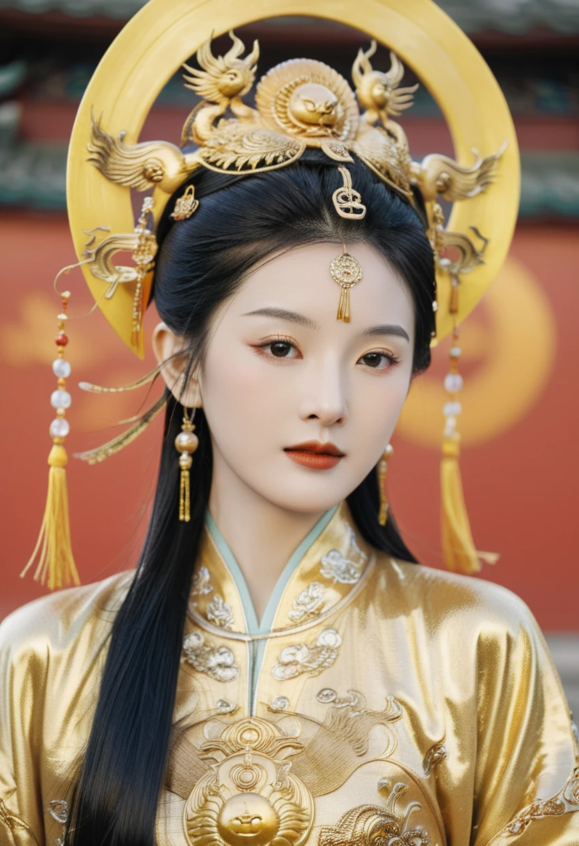 Ancient Chinese Goddess,wearing golden Chinese clothes, golden cosmic sun in background, calm face,half breast visible 